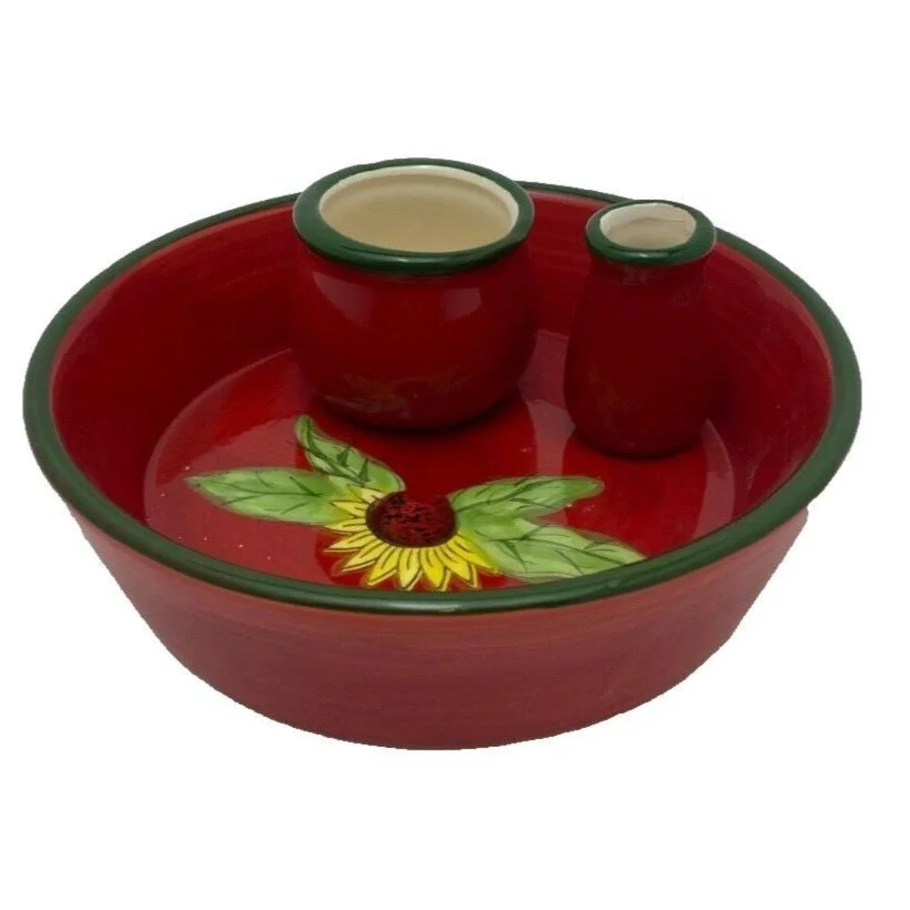 French Olive Dish‎ Red Sunflower BonCera Hand Crafted NEW